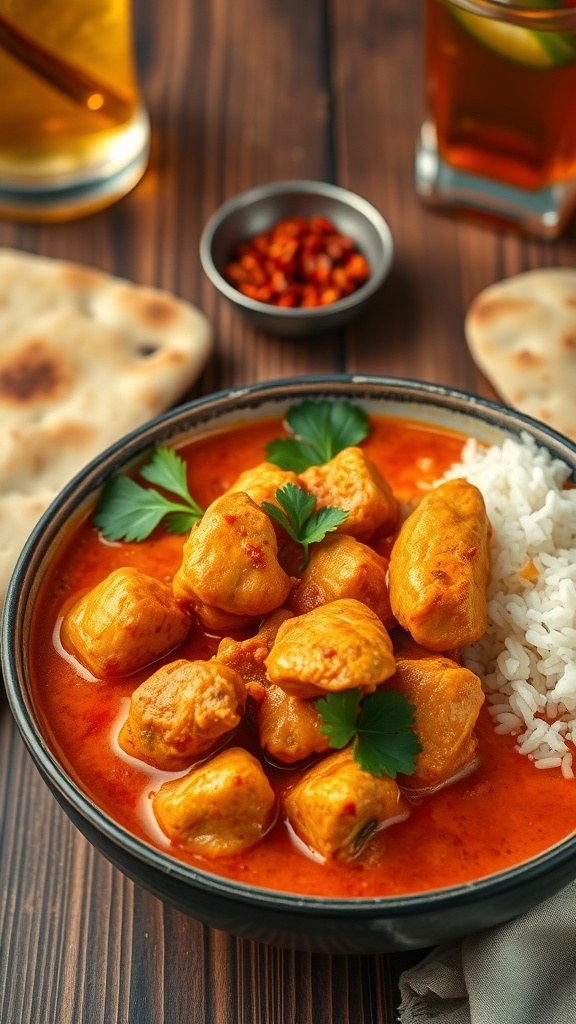 A bowl of spicy chicken curry with rice and naan, garnished with cilantro on a wooden table.